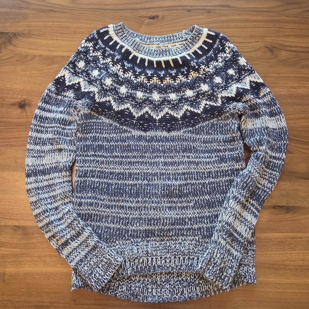 Bass Fair Isle Nordic Chunky Knit Sweater, Navy Blue & Ivory - Women’s Small